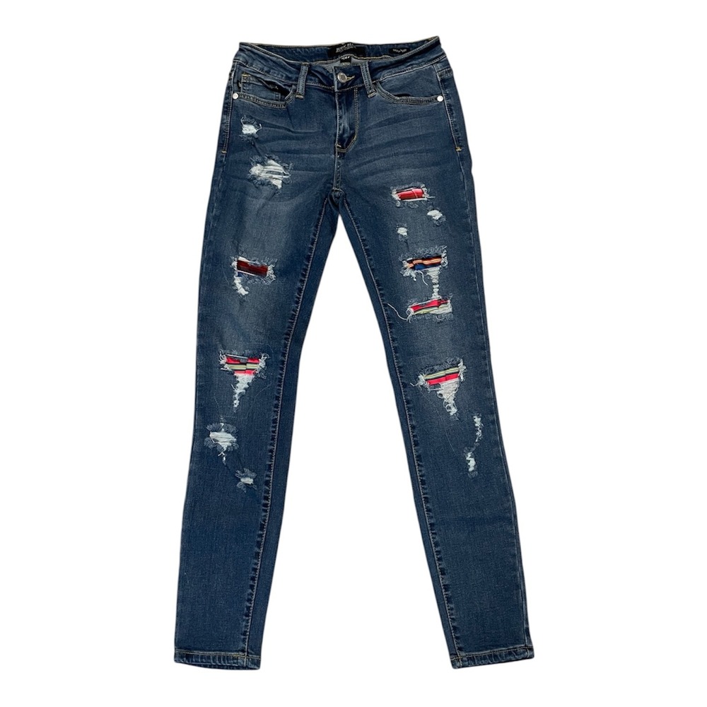 Judy‎ Blue Serape Patch Distressed Skinny Jeans Womens 5/27 Medium Wash Denim